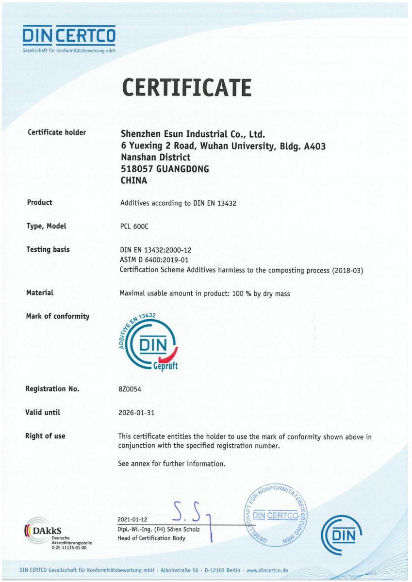  eSUN PCL600C作为胶添加剂认证证书